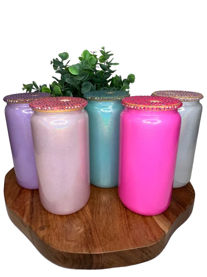 Rhinestone Lid & Shimmer Finish 16 Oz Glass cans