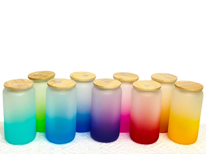 Ombre Colored 16 Oz Frosted Glass Cans w/ Bamboo Lid
